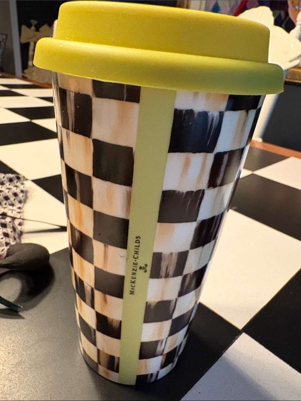 MacKenzie-Childs Black and Yellow Check Ceramic Travel Mug